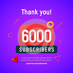 6000 followers vector post 6k celebration. Six thousand subscribers followers thank you congratulation