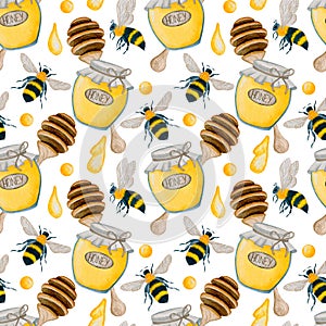 6004 Honey jar, spoon and bees watercolor seamless pattern