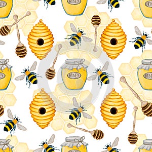 6006 Honey jar, spoon, beehive and bees watercolor seamless pattern