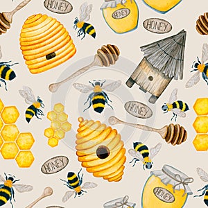 6010 Beehives, bees, honey watercolor elements seamless pattern