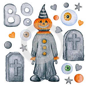 6014 Watercolor Halloween scarecrow costume, tombstones, eyeballs clipart, illustration on white background