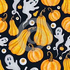 6041 Spooky Halloween ghosts and pumpkins seamless pattern on black background