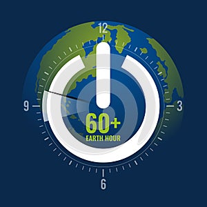 60plus Earth hour - white shutdown sign and circle time scale clock with pin 8.30 PM to 9.30 PM on global word background vector