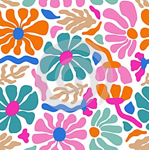 60s 70s Hippie Flowers colorful seamless pattern for fabric, decor, backgrounds