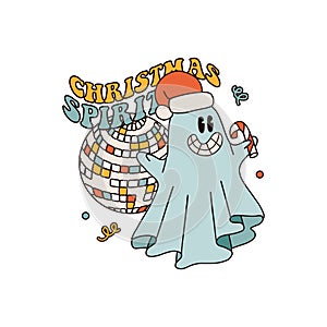 60s -70s Vintage Hippie Groovy Christmas spirit at disco. Festive Ghost at Xmas party. Contour vector illustration