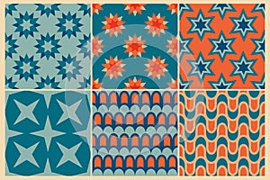 60s retro seamless patterns. Vintage geometrical seamless backgrounds 60s