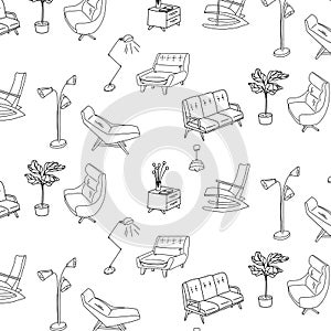 60s style furniture interior sketch pattern. Cute decoration surface vector. Retro sofa, armchair, nightstand and lam