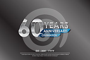 60th years anniversary celebration emblem. anniversary elegance silver logo isolated with blue ribbon, vector illustration