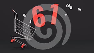 61 percent discount flying out of a shopping cart on a black background. Concept of discounts, black friday, online sales. 3d