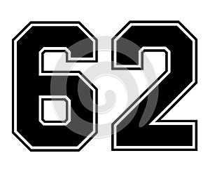 62 Classic Vintage Sport Jersey Number in black number on white background for american football, baseball or basketball