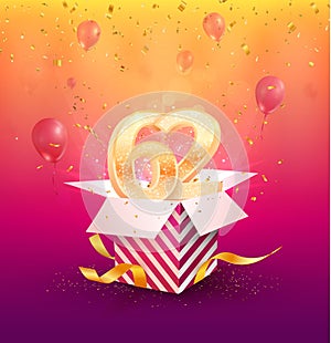 62nd years anniversary vector design element. Isolated sixty-two years jubilee with gift box, balloons and confetti on a