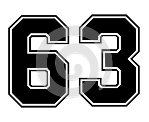 63 Classic Vintage Sport Jersey Number in black number on white background for american football, baseball or basketball