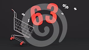 63 percent discount flying out of a shopping cart on a black background. Concept of discounts, black friday, online sales. 3d