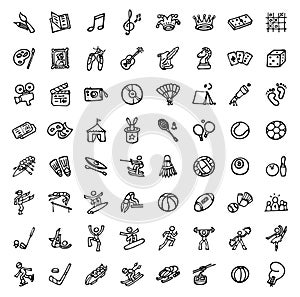 64 black and white hand drawn icons - SPORTS & LEISURE