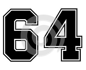 64 Classic Vintage Sport Jersey Number in black number on white background for american football, baseball or basketball