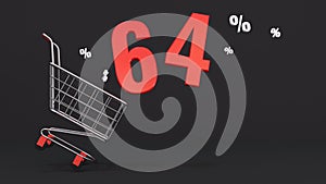 64 percent discount flying out of a shopping cart on a black background. Concept of discounts, black friday, online sales. 3d