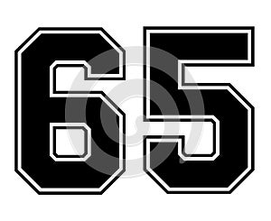 65 Classic Vintage Sport Jersey Number in black number on white background for american football, baseball or basketball