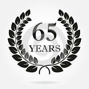 65 years. Anniversary or birthday icon with 65 years and  laurel wreath. Vector illuatration