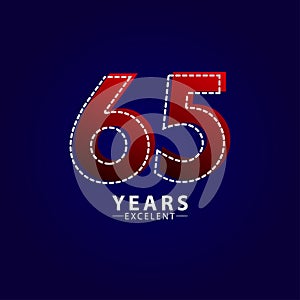 65 Years Excellent Anniversary Celebration Red Dash Line Vector Template Design Illustration