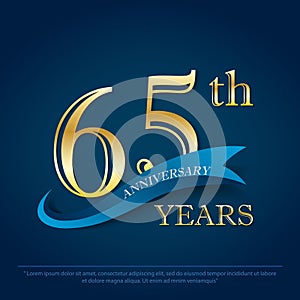 65th years anniversary celebration emblem. anniversary elegance golden logo with blue ribbon on dark blue background, vector