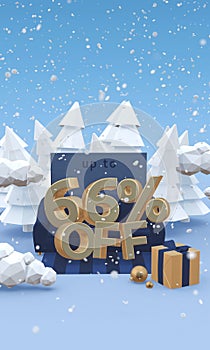 66 sixty six percent off - 3d illustration with copy space in cartoon style. Christmas discount, winter sale concept.