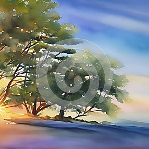 660 Watercolor Landscape: An artistic and abstract background featuring a watercolor landscape in soft and blended colors that c
