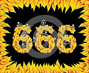 666 number of devil. Fire numeric. Skeletons in inferno. Sinners