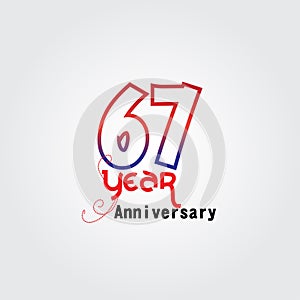 67 years anniversary celebration logotype. anniversary logo with red and blue color isolated on gray background, vector design for