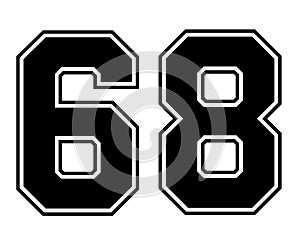 68 Classic Vintage Sport Jersey Number in black number on white background for american football, baseball or basketball