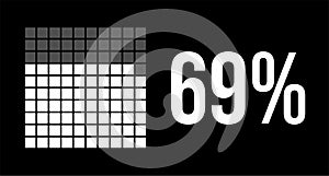 69 percent diagram, sixty-nine percentage vector infographic. Rounded rectangles forming a square chart. White on black background