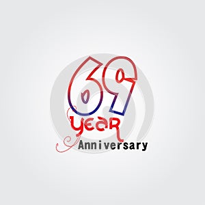 69 years anniversary celebration logotype. anniversary logo with red and blue color isolated on gray background, vector design for