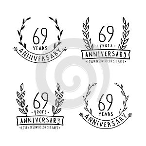 69 years anniversary logo collection. 69th years anniversary celebration hand drawn logotype. Vector and illustration.