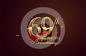 69th anniversary logo with red ribbon and golden confetti isolated on elegant background, sparkle, vector design for greeting card