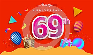 69th Years Anniversary Celebration Design, with gift box and balloons, ribbon, Colorful Vector template elements for your birthday
