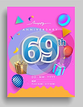69th Years Anniversary invitation Design, with gift box and balloons, ribbon, Colorful Vector template elements for birthday
