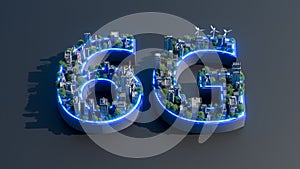 6G new generation networks, High-speed mobile Internet. 3D render of 6G with commercial building in blue light