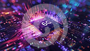 6G technology microchip illuminating vibrant data streams