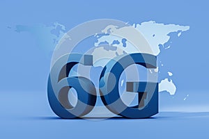 6G wireless internet connection and world map on blue background