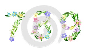 7, 8, 9 numbers made of leaves and flowers. Floral numbers for wedding, invitation greeting card design cartoon vector