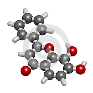 7,8-Dihydroxyflavone or 7,8-DHF molecule. 3D rendering. Atoms are represented as spheres with conventional color coding: hydrogen