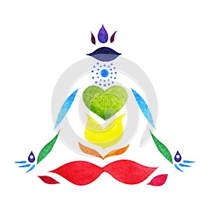 7 chakra symbol color lotus pose yoga, watercolor painting hand drawn