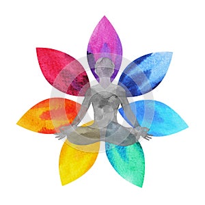 7 color of chakra symbol, lotus flower with human body, watercolor painting
