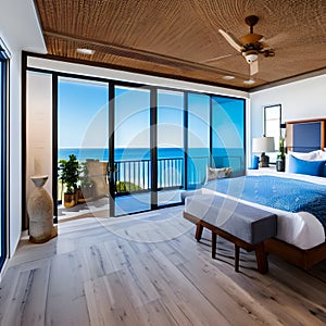 7 A cozy, beach-inspired bedroom with a mix of blue and white finishes, a classic wooden bed frame, and a large window with a vi