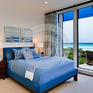 7 A cozy, beach-inspired bedroom with a mix of blue and white finishes, a classic wooden bed frame, and a large window with a vi