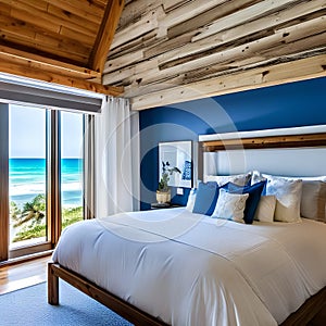 7 A cozy, beach-inspired bedroom with a mix of blue and white finishes, a classic wooden bed frame, and a large window with a vi