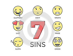 7 deadly sins represented by seven emoticon character expressions. Vector thin line icon illustrations. Colorful outline effect.