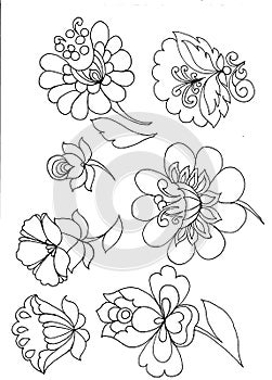 7 Flowers hand painted in Russian folk art style Khokhloma black and white