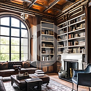 7 A Gothic-style library with a mix of dark and textured finishes, a classic fireplace, and a mix of antique and modern books an