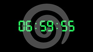 7 hour o`clock digital clock. Seconds count to seven. Numerical electronic green display screen