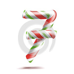 7, Number Seven Vector. 3D Number Sign. Figure 7 In Christmas Colours. Red, White, Green Striped. Classic Xmas Mint Hard